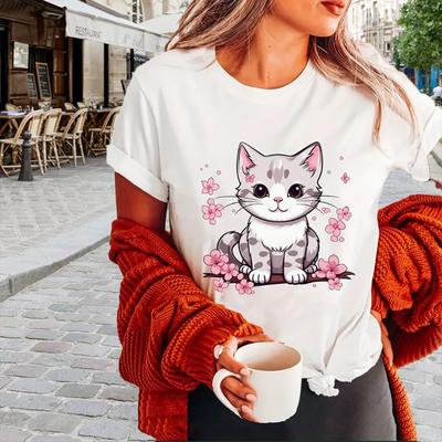 Fashion Women Cats and Flowers Print T Shirt Funny Casual O-neck Short Sleeves T-shirt Summer Female Tee Shirt