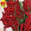 60/1 Stück Weihnachten Rote Beeren Zweige Künstliche Stechpalmenbeeren Staubgefäße Pflanzen Blumen Kranz Ornamente Weihnachtsbaum Party Hausdekoration