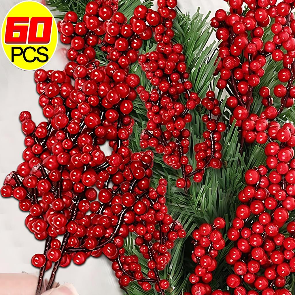 60/1 Stück Weihnachten Rote Beeren Zweige Künstliche Stechpalmenbeeren Staubgefäße Pflanzen Blumen Kranz Ornamente Weihnachtsbaum Party Hausdekoration