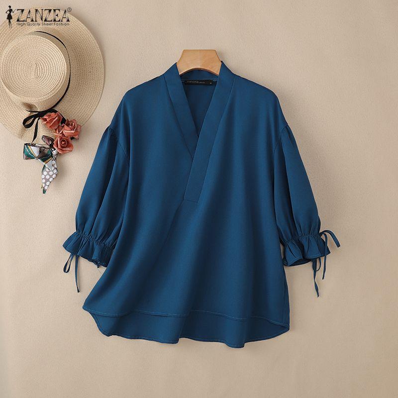 ZANZEA Dámská ležérní jednobarevná halenka s 3/4 rukávem s výstřihem do V