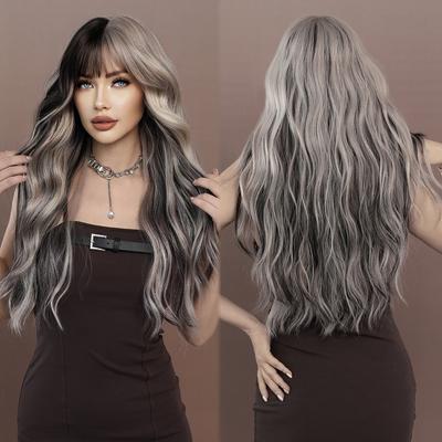 Women's Fashion Silver Highlights Ash Wig Synthetic Long Wavy Wig with Bangs