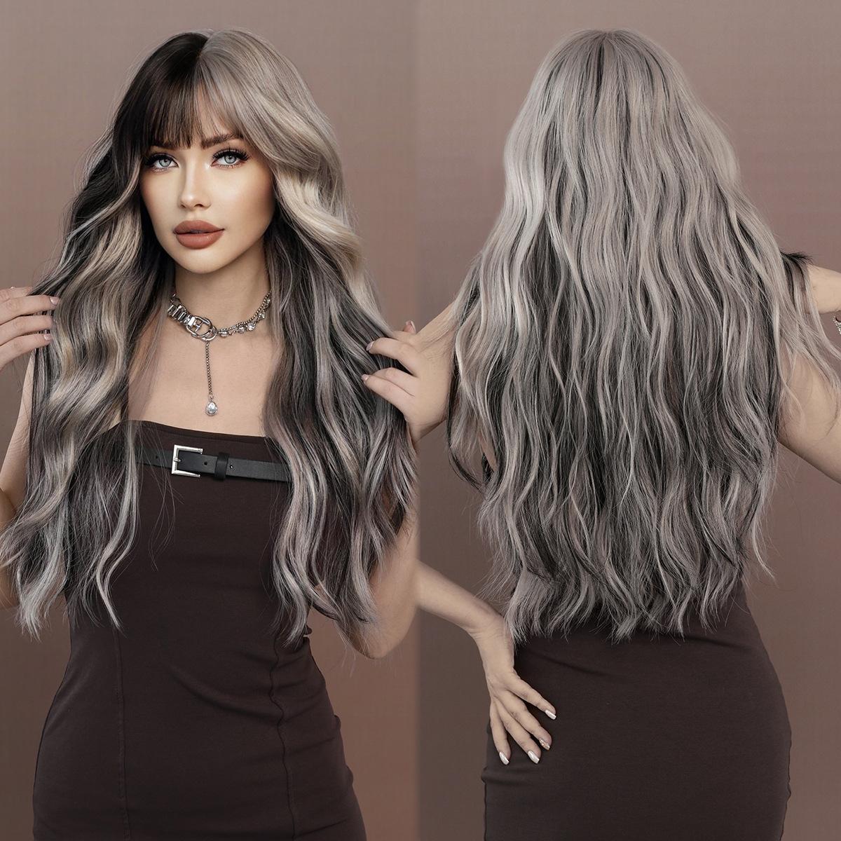 

Silver Highlights Ash Wig Synthetic Long Wavy Wig With Bangs