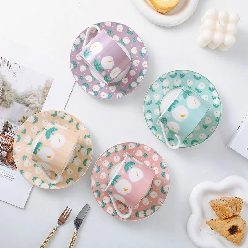 Coffee Cup and Saucer Tulip Pattern Afternoon Tea Cup Breakfast Milk Mug Dessert Plate Table Decoration Drinking Utensil Gifts