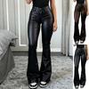 Pantaloni da Donna a Vita Alta Elasticizzati Micro-Svasati con Bordi in Pelle Pantaloni Chic Streetwear