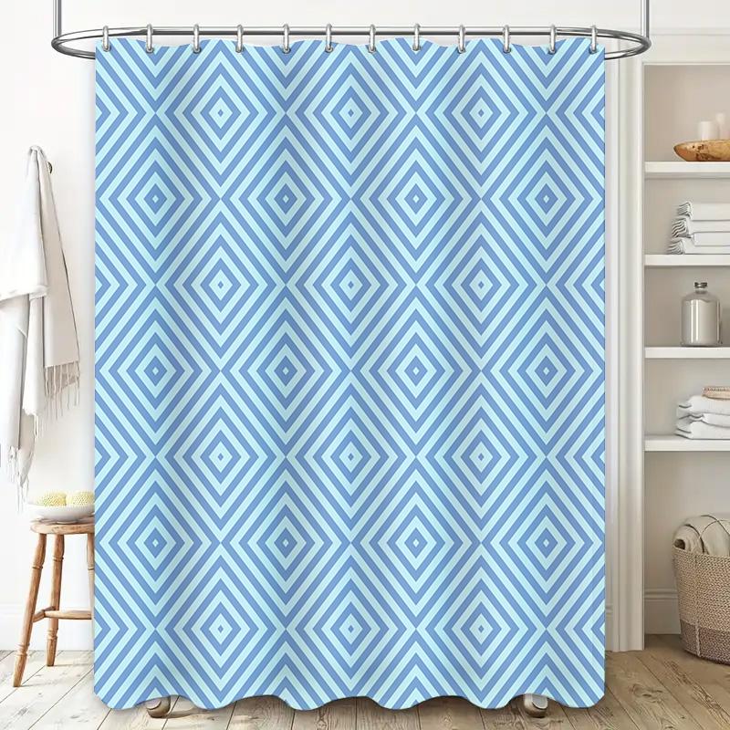 Blue White Geometric Shower Curtain For Bathroom Decoration Waterproof Polyester Fabric With Hook Rings (Size: 69X70 Inches)