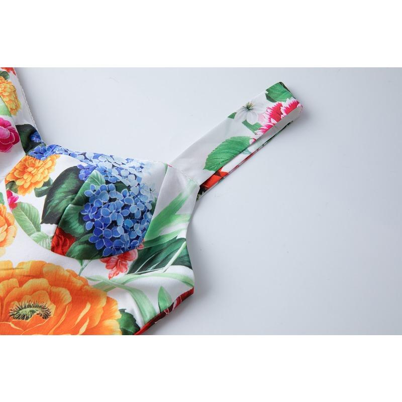 Summer Women Elegant Spaghetti Strap Print Flower Long Maxi Ankle Length Party Dresses