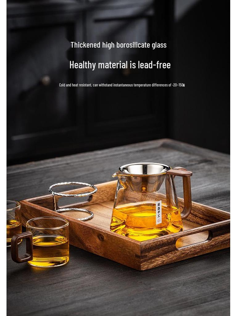 Wooden Handle Glass Gong Dao Bei: High-Temperature Resistant, Thickened Filter Tea Infuser Cup Set
