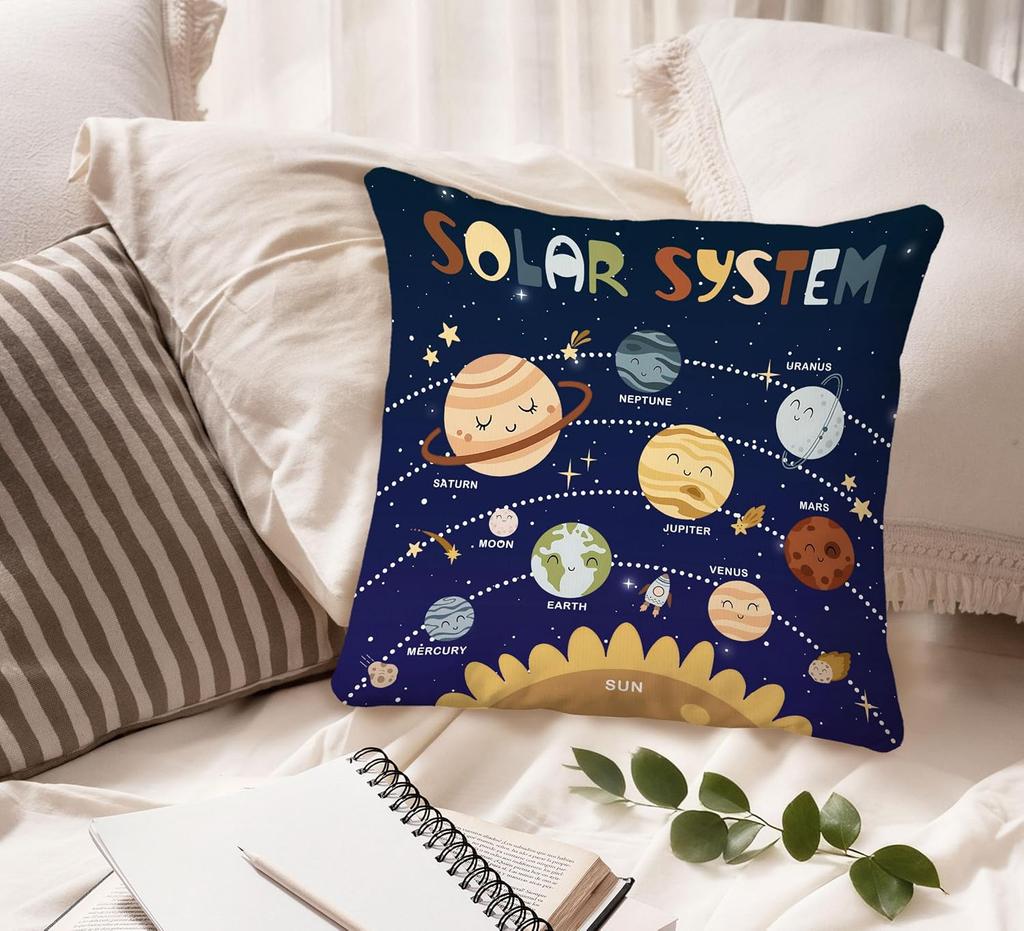 Solar System Planets Pillowcase Kids Room Decor Space Nursery Theme Stars Astronomy Print Cushion Cover 18x18 Inch Gift