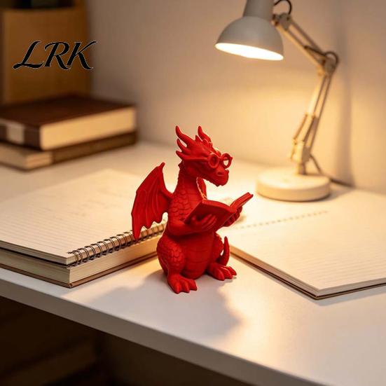 Reading Room Decorations 3D Printed Dragon Figurine, Cute Statue with Glasses Creative Desk Accessories Book, Fantasy Desktop Bookshelf Decor,