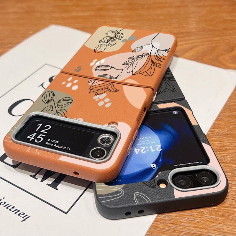 Leather Texture Soft TPU Folding Case For Samsung Galaxy Z Flip7 Flip6 Flip5 Flip4 Z Flip 7 FE 6 5 3 5G Plant Print Phone Cover