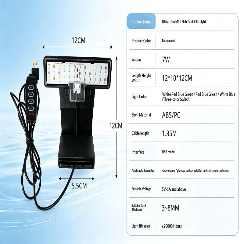 High Brightness Mini Aquarium LED Clip Light Ultra Thin Waterproof Design for Small Nano Betta Fish Tanks Desktop Use