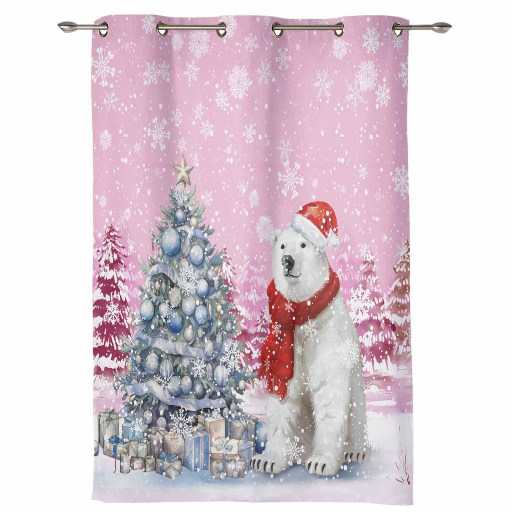Christmas Tree Snowflake Polar Bear Pink Print Curtains for Bedroom Living Room Drapes Kitchen Window Curtain Home Decoration