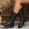 Fashion Sexy Solid Black Pu Mid Calf Riding Boots Women 2025 Winter Medium Heel Side Zip Western Booties Lace Bowknot Decoration Boots