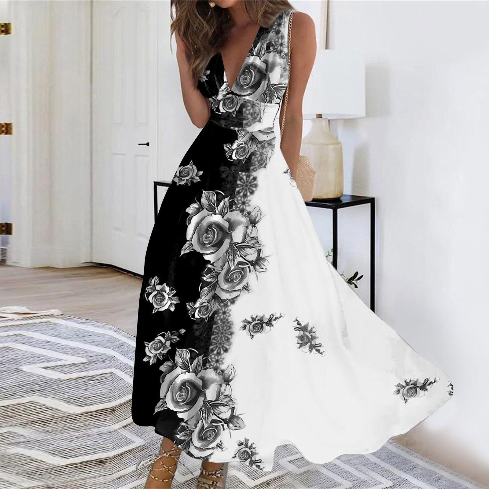 

Женское длинное платье Платье макси Повседневное платье Свободное платье Платье трапециевидной формы с цветочным принтом Мода Уличная одежда На открытом воздухе Повседневные с принтом для свиданий Платье без рукавов с V-образным вырезом XXL тёмно-синий