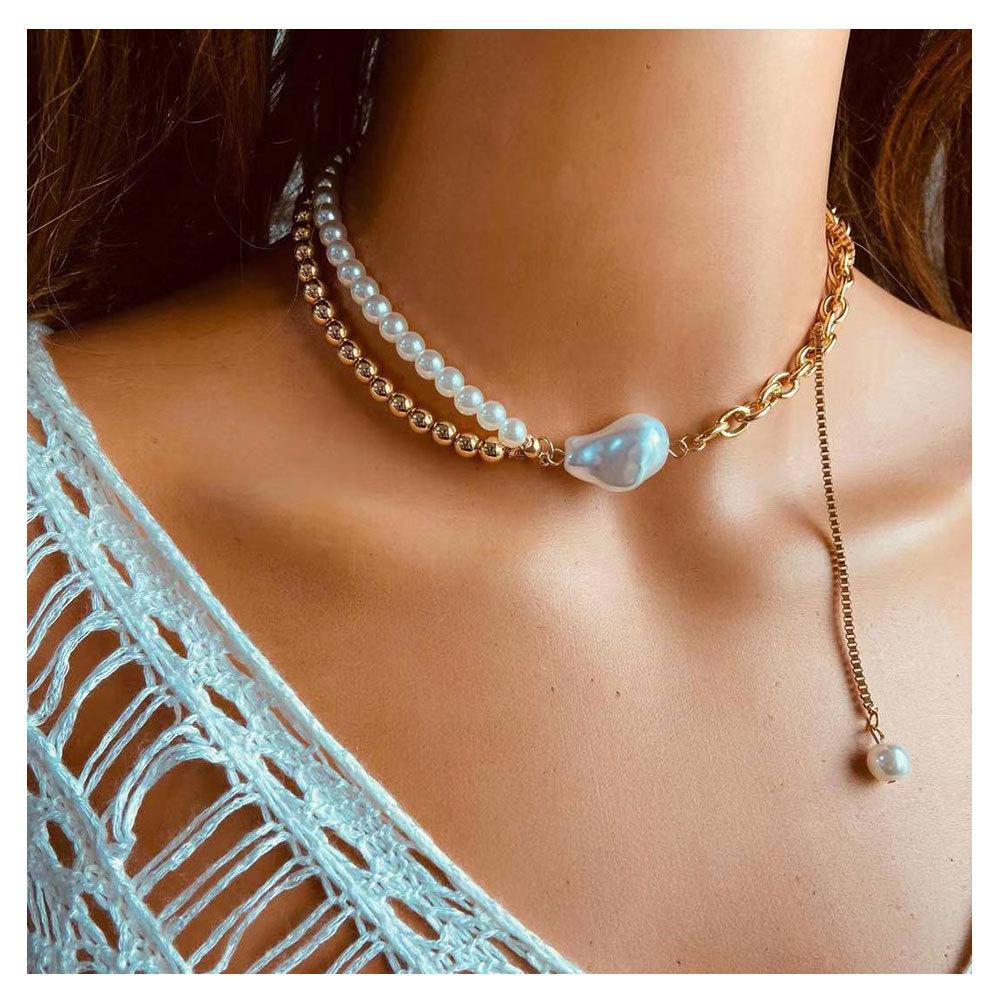 European and American retro pearl necklace women's fashion personality double-layer pearl pendant collarbone chain necklace jewelry 16660