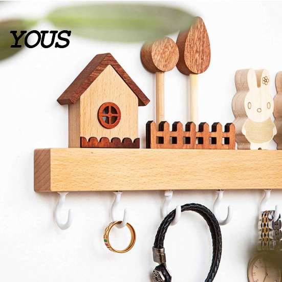 Modern Wood Wall Hanger Wooden Key Holder with 6 Hooks, Decorative Entryway Organizer Pet Leash for Rack, Easy Mount Installation Home Office