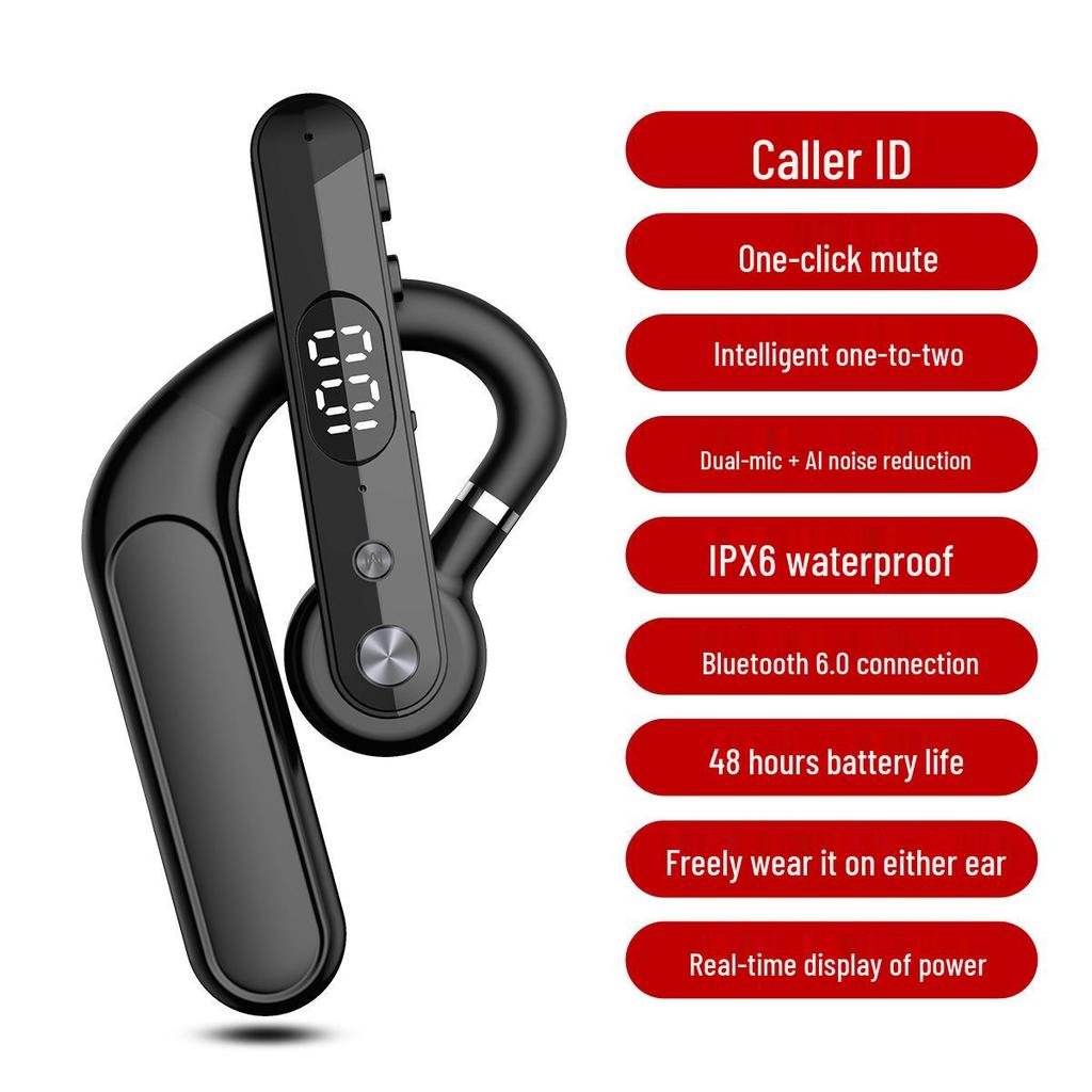 6.0 True Wireless Bluetooth Ear Hook Earphones - Noise Cancelling, Ultra-Long Standby, Single Ear