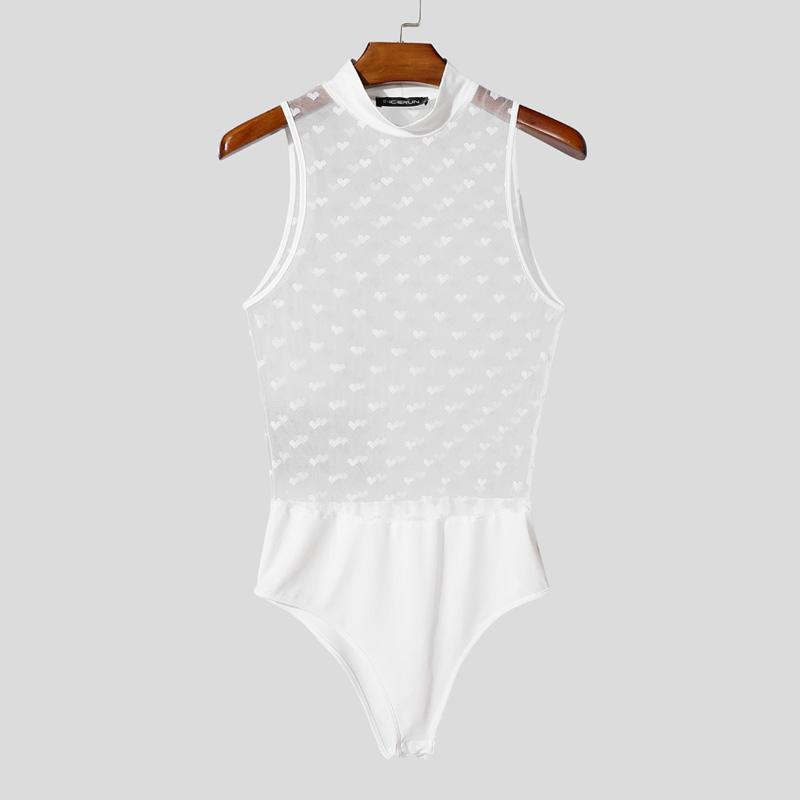 INCERUN Men's Stitching Color Sleeveless Dots Mesh Sheer Underwear Jumpsuits