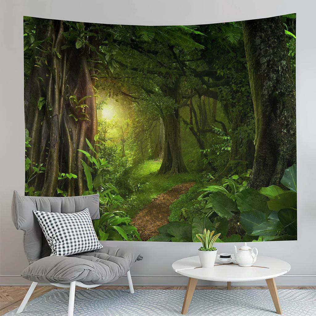 Jungle Tapestry Primeval Rainforest Foliage Greenery Wooden Pathway Tapestry Art Home Living Room Bedroom Decor Tapestries