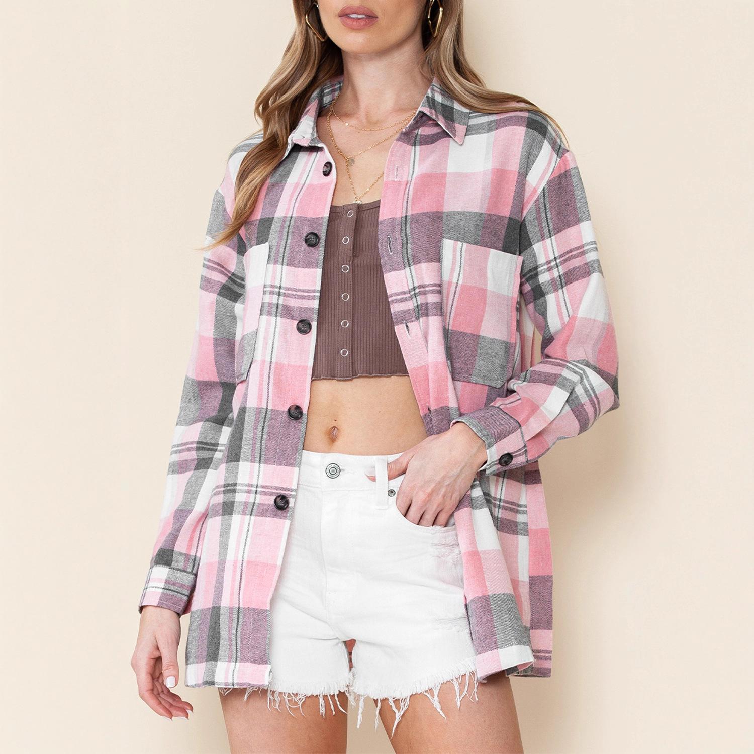 European 2025 Plaid Print Women s Loose Casual Sun Protection Shirt Small розовый