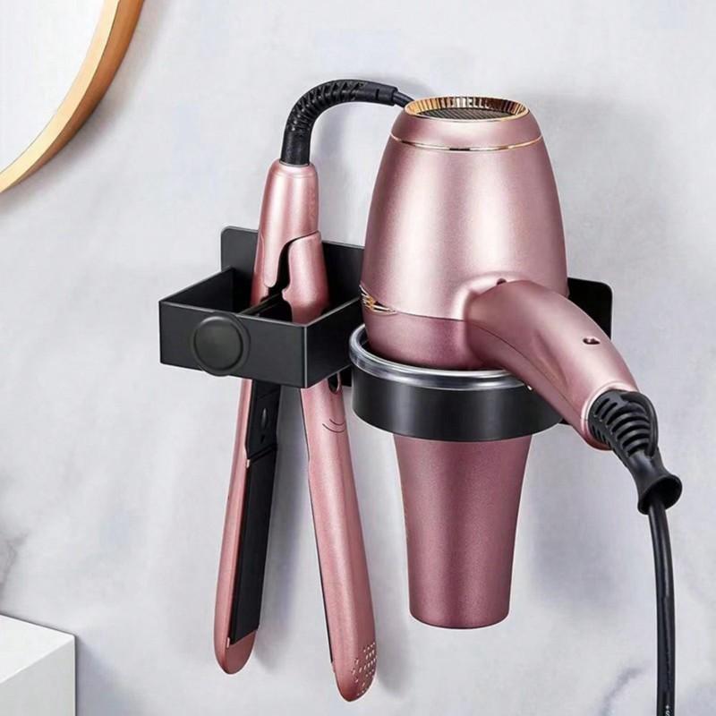 Aluminum No-Drill Wall Mount Hair Dryer Holder, For Bathroom 2Pc Storage Solution