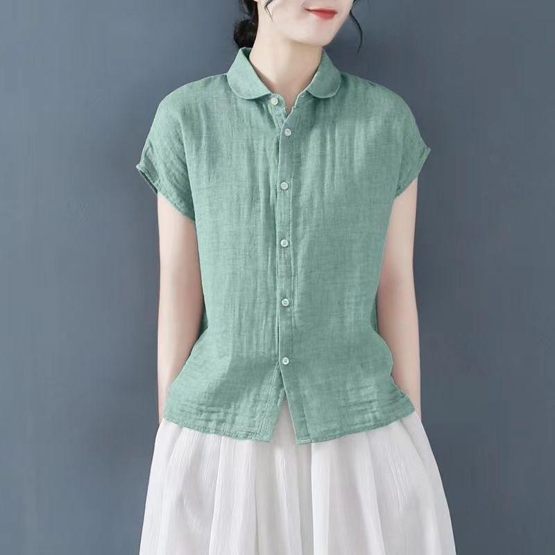 Summer Cotton Linen Shirt Women's Casual Short Sleeve T-shirt 95 Cotton Fashion Top Fly Sleeve Polo Collar Regular Sleeve