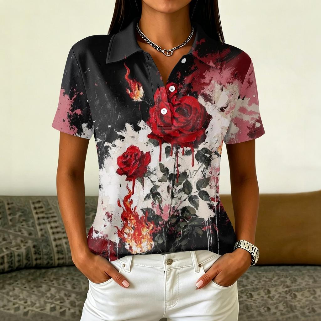 Women's Casual Button Short Sleeve Collar Top with Halloween Print