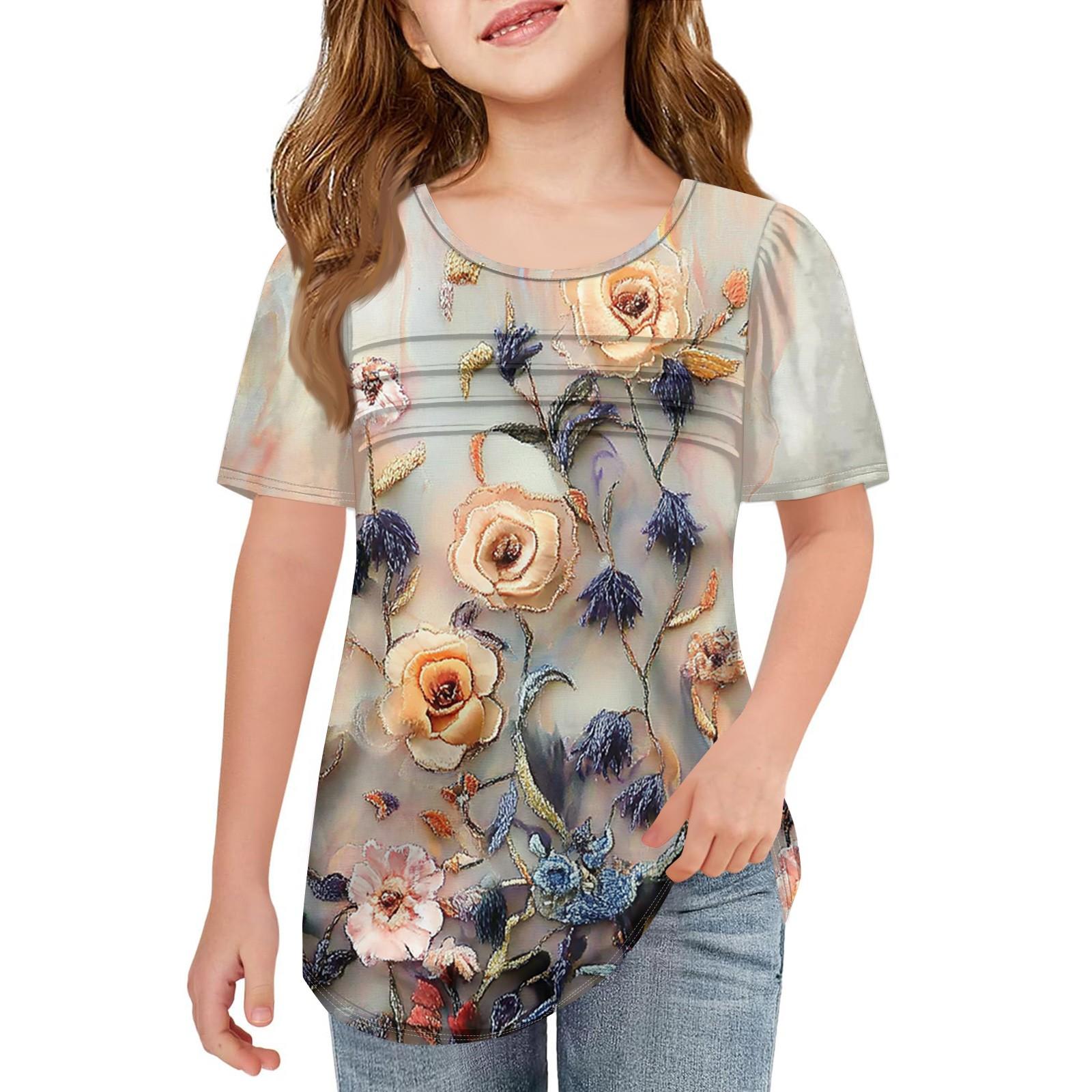 Children Fold T-shirts Short-sleeved Summer Round Collar T-shirt Printing Flowers Leisure Coat 110
