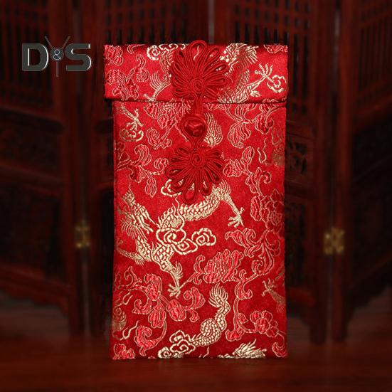 Plic roșu din mătase artificială Nuntă chinezească Buzunar roșu Lucky Money Hongbao Card Plic pentru numerar cu nod chinezesc pentru nunta la Festivalul de primăvară de Anul Nou