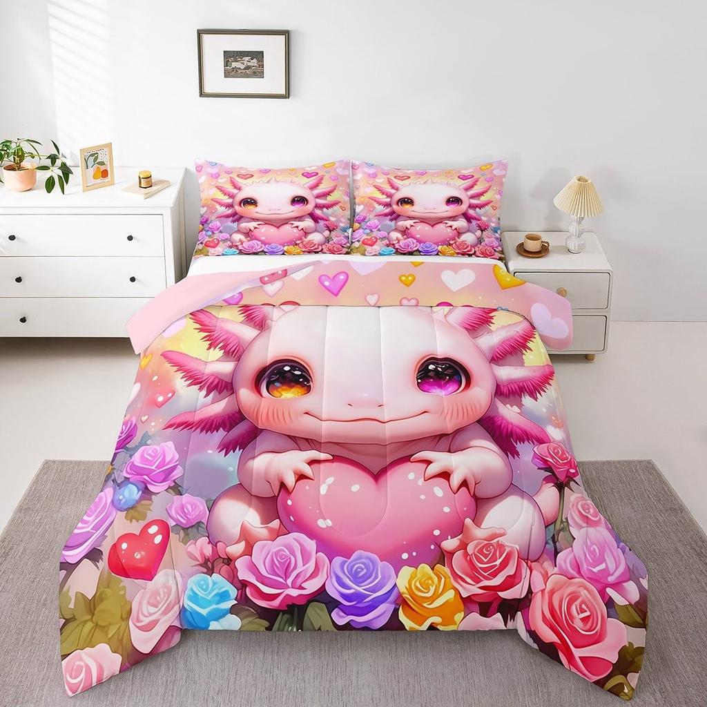 Bedding Set Pink Axolotl Red Rose Flower Print