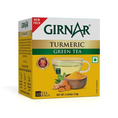 Girnar Green Tea with Turmeric Tea Bags 10 Count | Low Caffeine, Vegetarian, Allergen-Free Herbal Beverage