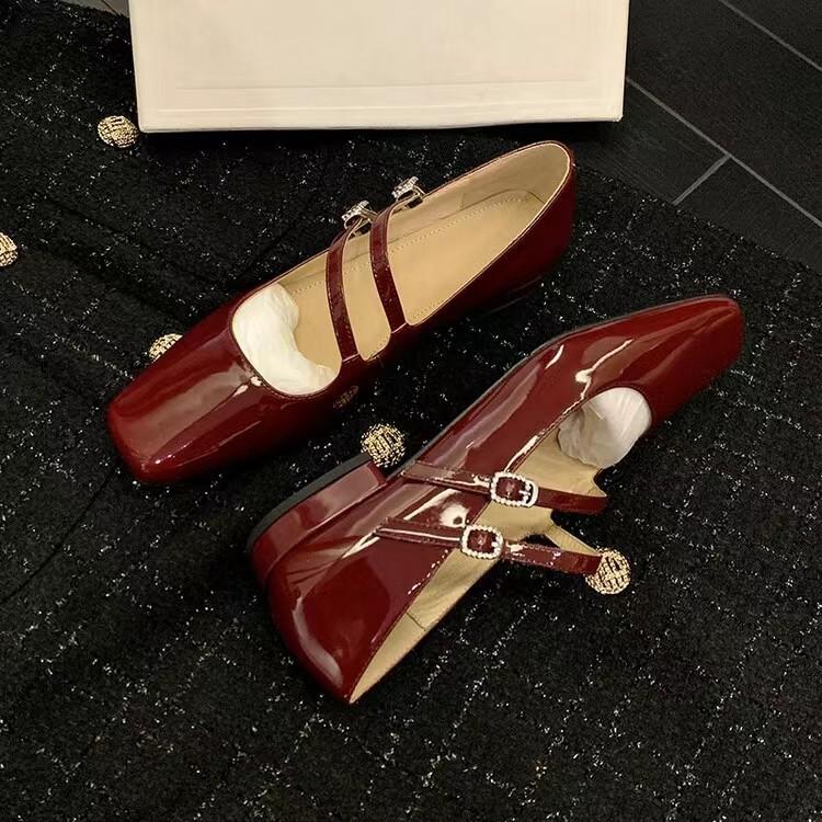Women Double Buckle Wine Red Allet Flats 2026 New Designer Square Toe Mary Jane Shoes Woman Comfort Soft Sole Casual Single Shoe
