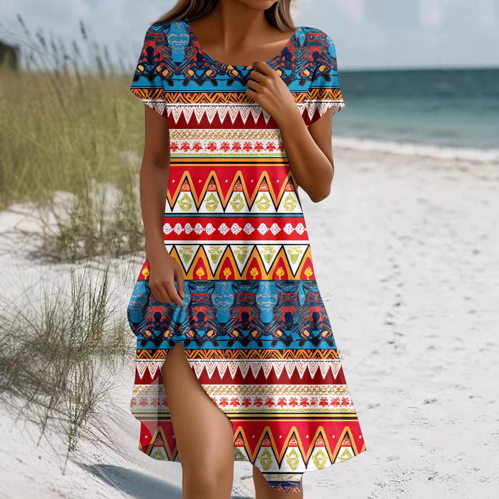 Kurzärmeliges Boho-Kleid für Damen, lässig, lockere Passform, Sommerkleid mit Blumendruck und Taschen