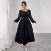 This Elegant Long Dress Features A High-waisted Pleated Design, A Square-neck Long-sleeved Plus-size Dress