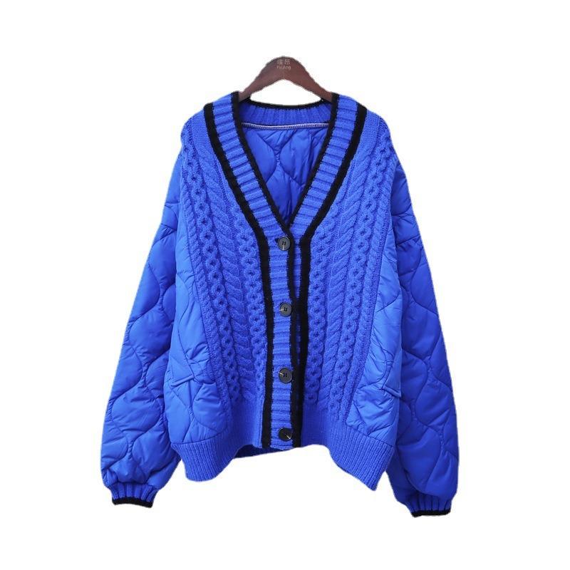 Autumn and Winter Loose Splicing Cotton Clothes Sweater Jacket Women's Lazy Wind Thickened Contrasting Color Knitted Cardigan Commuter Wind