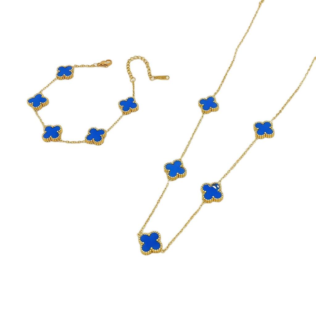 Set de Joyería de Acero de Titanio Madreperla Doble Cara Trébol de Cuatro Hojas con Pulsera, Collar y Pendientes