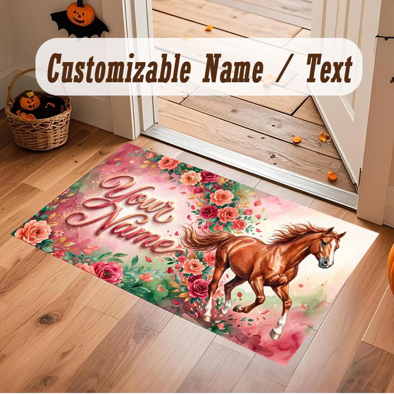 Horse Theme Soft Crystal Velvet Rug Custom Name & Text Print Non Slip Floor Rug for Bedroom Living Room