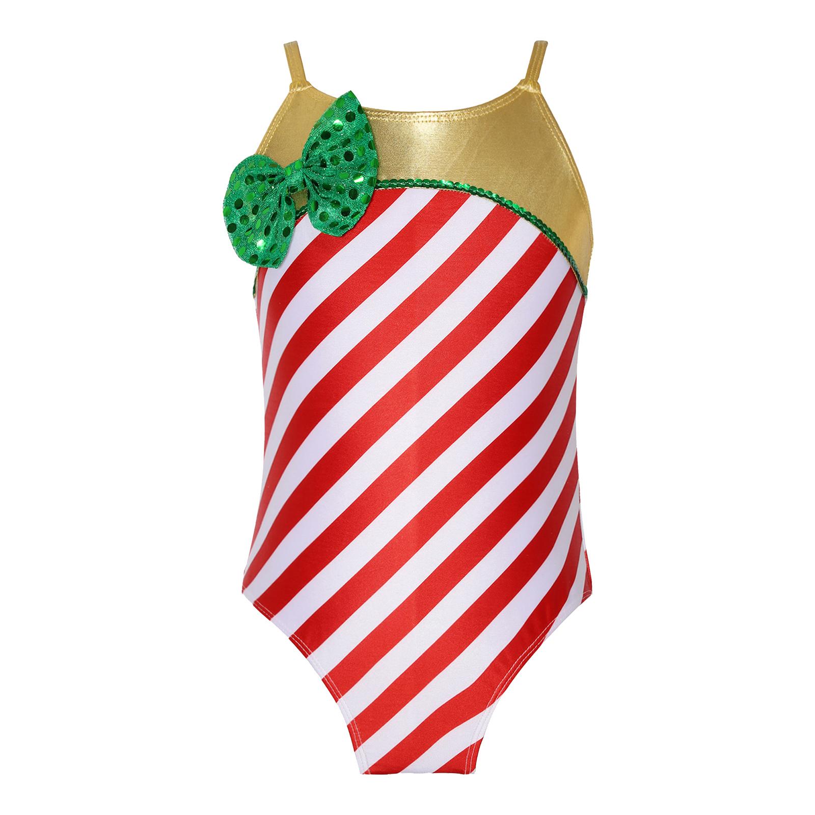 

Girls Christmas Striped Jumpsuit Adjustable Shoulder Straps Shiny Bowknot Bodysuit Dancing Leotard Party Outfit 3-4 Years червоний