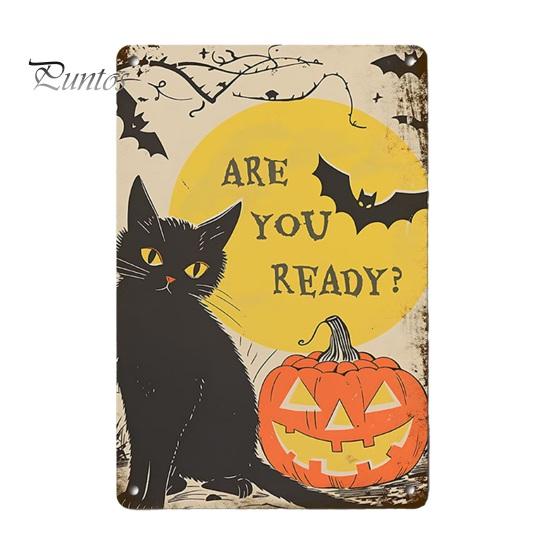 Distressed Metal Signage Retro Halloween Wall Sign, Pumpkin Ghost Bathroom American Style Decor Art Witch Cat Festival Sign for Bar Home Room