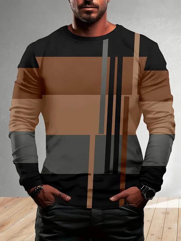 Lässiges 3D-Digitaldruck-Kontrastmuster Herren Langarm-T-Shirt für Frühling und Herbst Outdoor-Bekleidung, bequeme Polyesterfaser