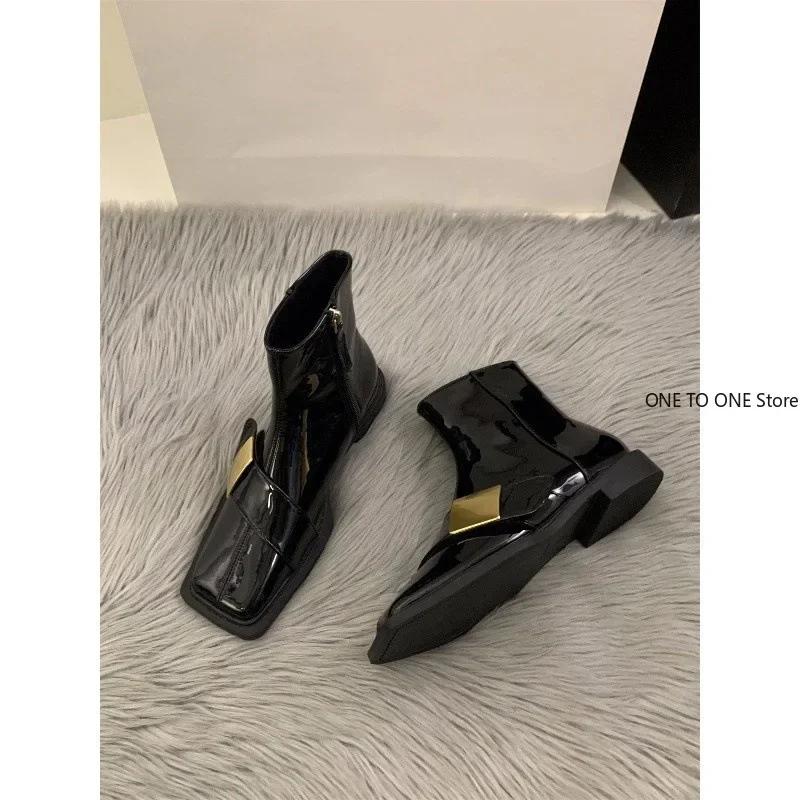 Fashion 2025 Women Ankle Boots Designer Square Toe Leather Shoes New Chunky Heels Zipper Fad Brand Motorcycle Goth Snow Botas De Mujer