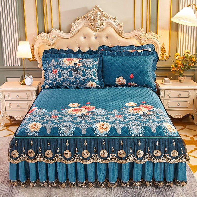 High Grade Winter Crystal Velvet Thicken Quilted Bedspread King Queen Size Flannel Quilting Bed Skirt Including Pillowcase