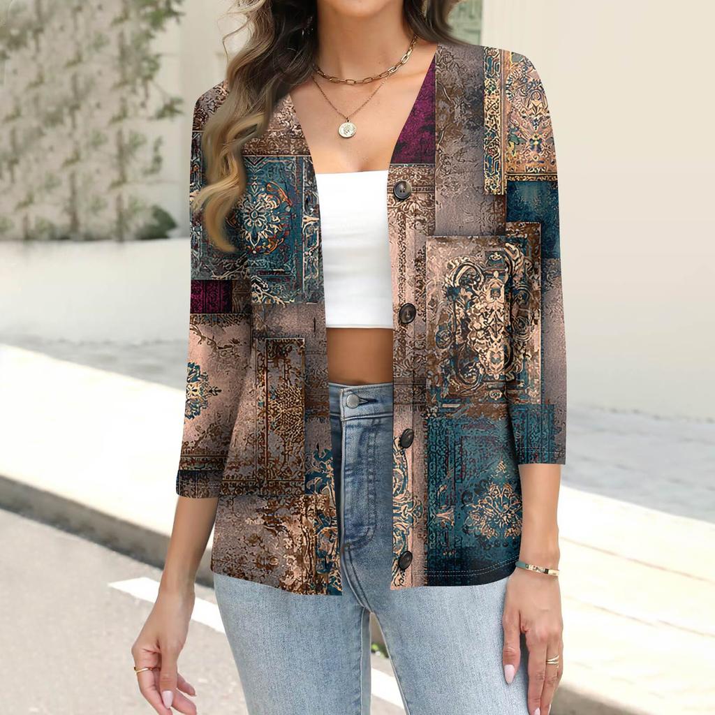 Women's Fashion Casual Print Button-down Shirt 3/4 Long Sleeve Tops