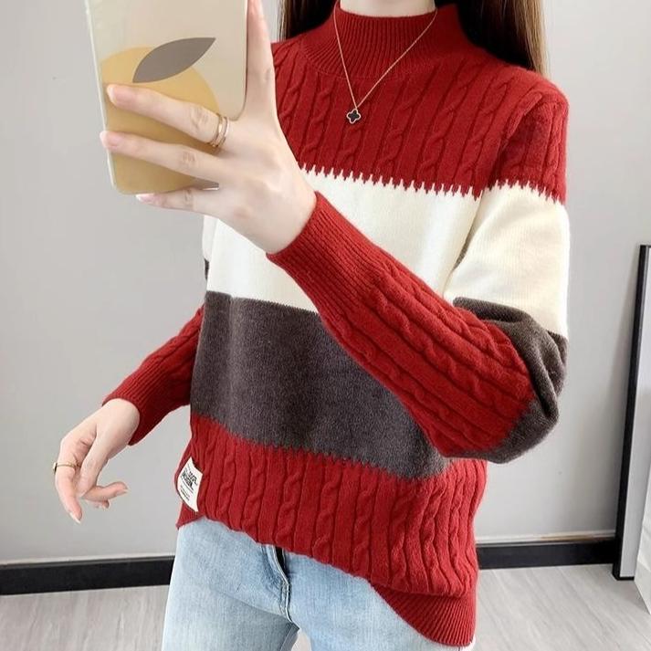 Women's Half Turtleneck Sweater Fall Winter Loose Knit Sweater Top Pullover Knit Jumper Color-blocked Plaid Knitwear
