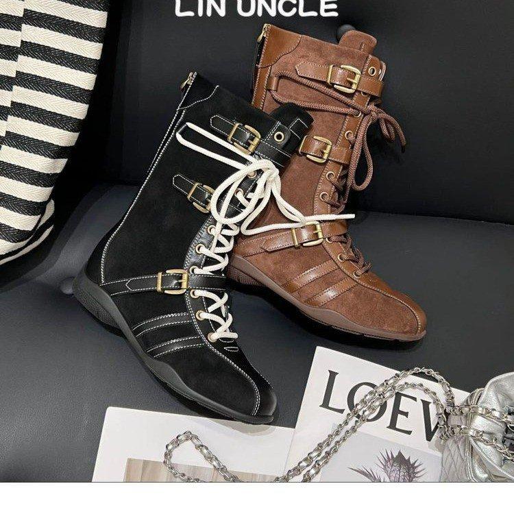 Cowhide version~ 5cm inner height increase thick-soled boxing boots women's upgraded version duck hunting boots belt buckle design Martin boots sho