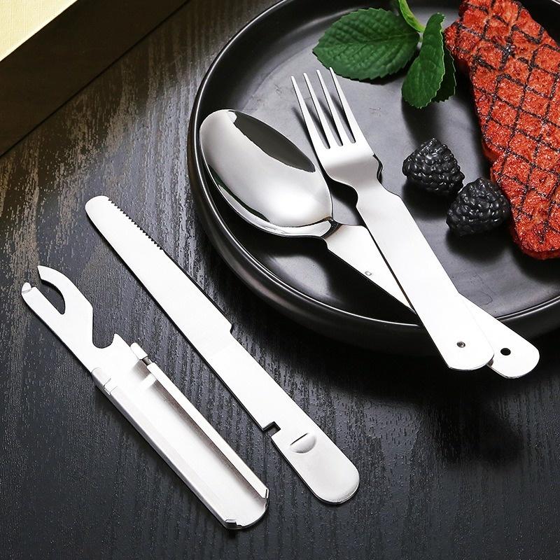 Edelstahl Tragbar Outdoor Camping Multifunktionales Kombinations-Besteckmesser und Gabel Set Militär Fan Gabel und Löffel