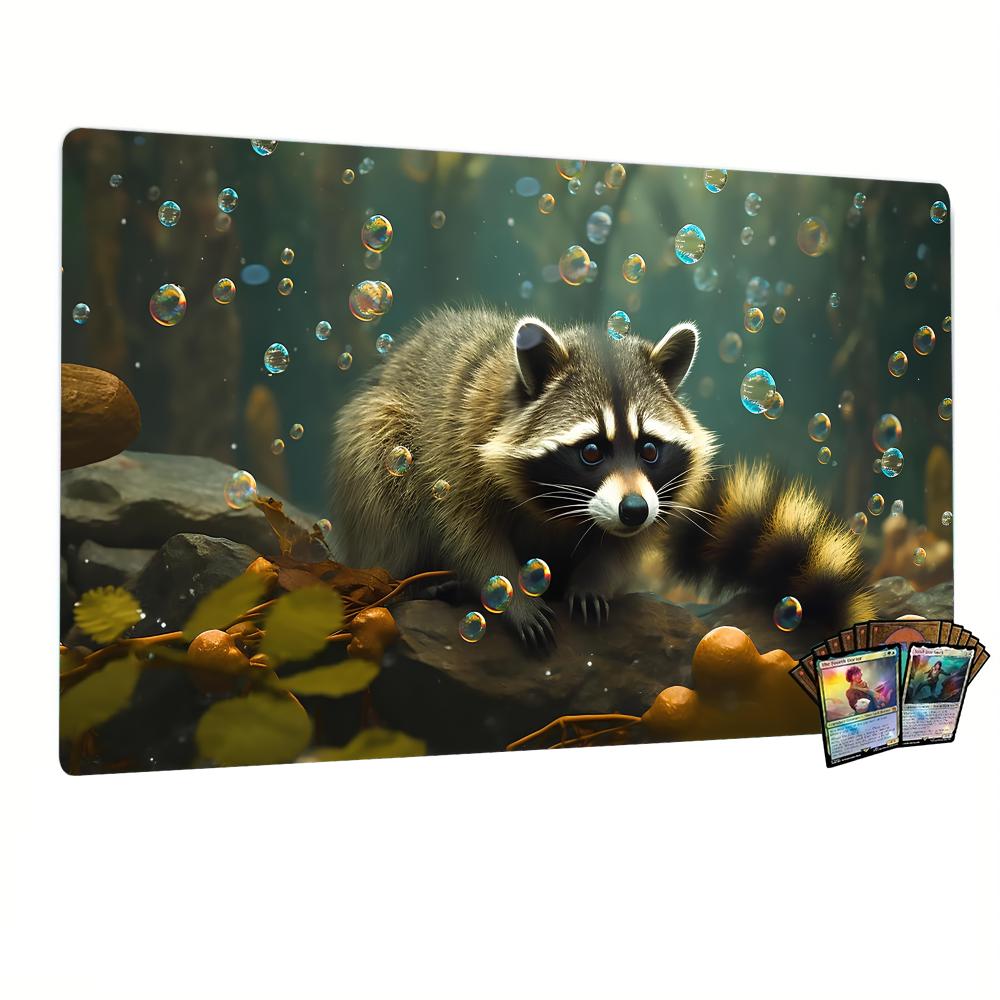 Raccoon Blowing Soap Bubbles Design Magic Party Game Mat Durable Rubber for MTG&TCG Games 35X60cm Mouse Pad Offices Desk Mats