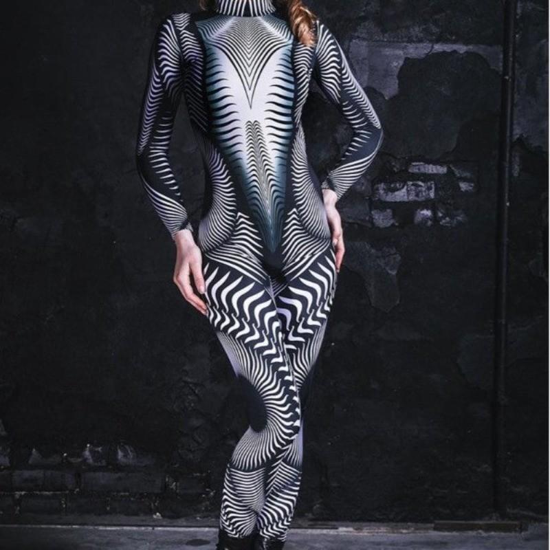 Unisex Cyber Punk 3D Digital Stripe Printing Halloween Party Role Play Outfit Women Men Cosplay Costume Carnival Jumpsuit