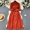 Vintage Spring Autumn Women Dress French Turn-down Collar Full Sleeve Solid Color A-line Female Long Shirt Dresses