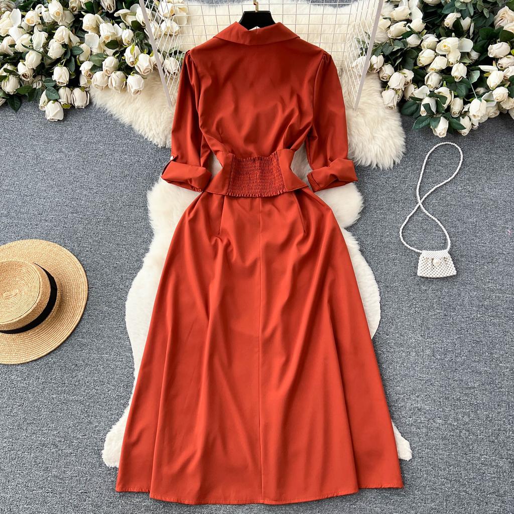 Vintage Spring Autumn Women Dress French Turn-down Collar Full Sleeve Solid Color A-line Female Long Shirt Dresses